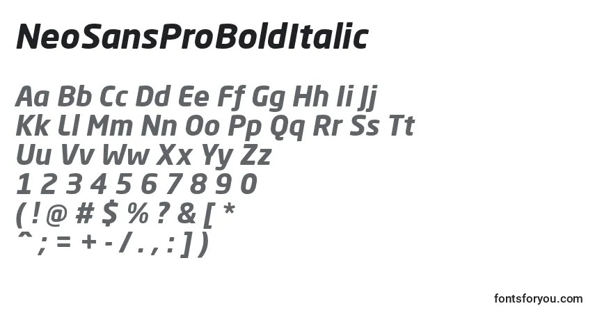 A fonte NeoSansProBoldItalic – alfabeto, números, caracteres especiais