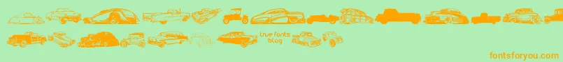 フォントVintageAutoCarsTfb – オレンジの文字が緑の背景にあります。