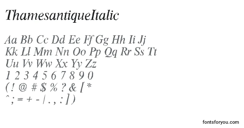 Czcionka ThamesantiqueItalic – alfabet, cyfry, specjalne znaki