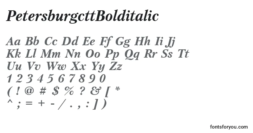Шрифт PetersburgcttBolditalic – алфавит, цифры, специальные символы