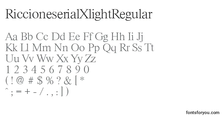 Czcionka RiccioneserialXlightRegular – alfabet, cyfry, specjalne znaki