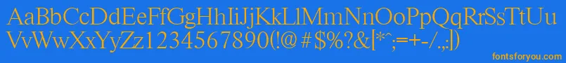 Weitere Informationen zur RiccioneserialXlightRegular-Schriftart RiccioneserialXlightRegular-Schriftart – Orangefarbene Schriften auf blauem Hintergrund