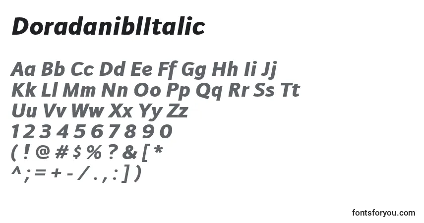 Czcionka DoradaniblItalic – alfabet, cyfry, specjalne znaki