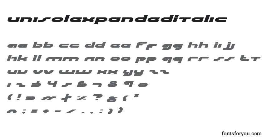 Schriftart UniSolExpandedItalic – Alphabet, Zahlen, spezielle Symbole