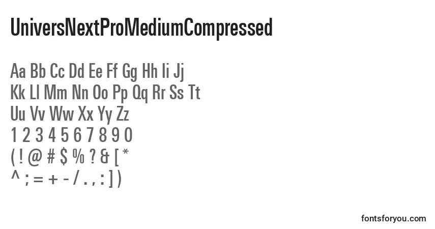 UniversNextProMediumCompressed-fontti – aakkoset, numerot, erikoismerkit