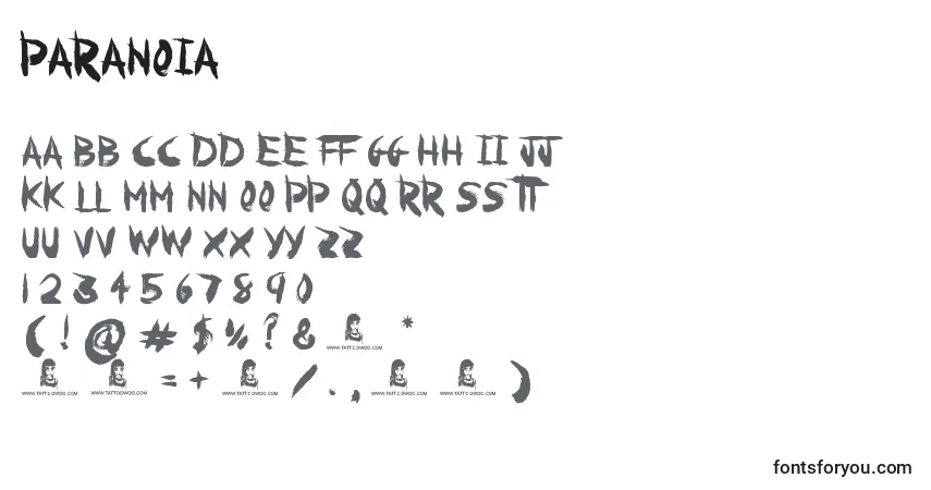 Czcionka Paranoia – alfabet, cyfry, specjalne znaki