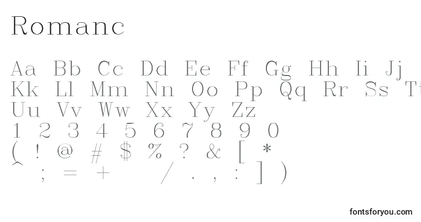 Czcionka Romanc – alfabet, cyfry, specjalne znaki