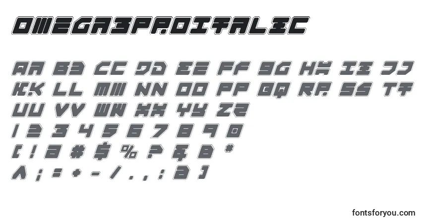 Czcionka Omega3ProItalic – alfabet, cyfry, specjalne znaki