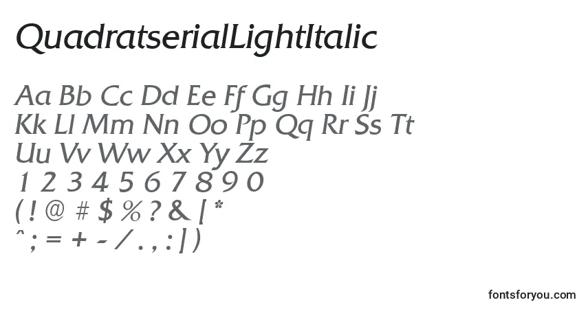 Czcionka QuadratserialLightItalic – alfabet, cyfry, specjalne znaki