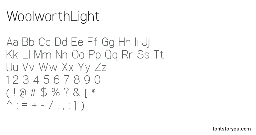 Czcionka WoolworthLight – alfabet, cyfry, specjalne znaki