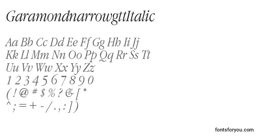 Шрифт GaramondnarrowgttItalic – алфавит, цифры, специальные символы