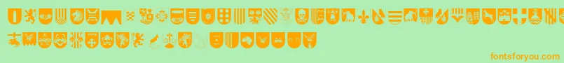 フォントSpanishArmyShieldsTwo – オレンジの文字が緑の背景にあります。