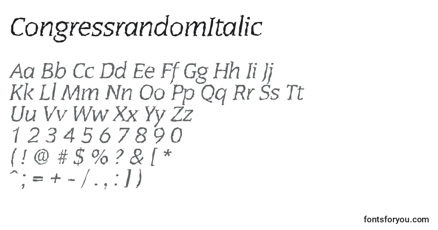 Шрифт CongressrandomItalic – алфавит, цифры, специальные символы