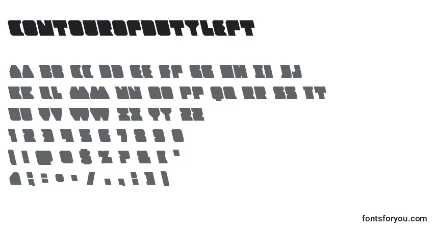 Schriftart Contourofdutyleft – Alphabet, Zahlen, spezielle Symbole