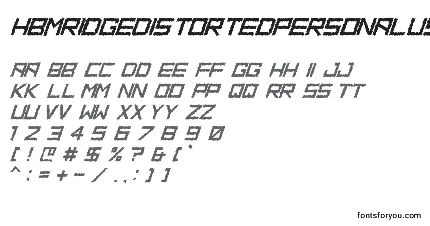 Schriftart HbmRidgeDistortedPersonalUseOnly – Alphabet, Zahlen, spezielle Symbole
