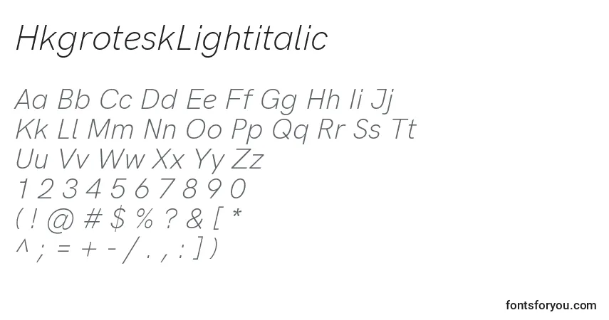 A fonte HkgroteskLightitalic (103393) – alfabeto, números, caracteres especiais