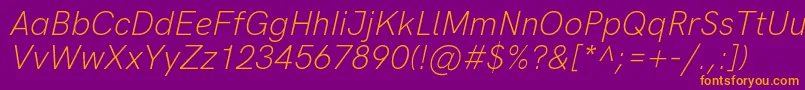 HkgroteskLightitalic-Schriftart – Orangefarbene Schriften auf violettem Hintergrund