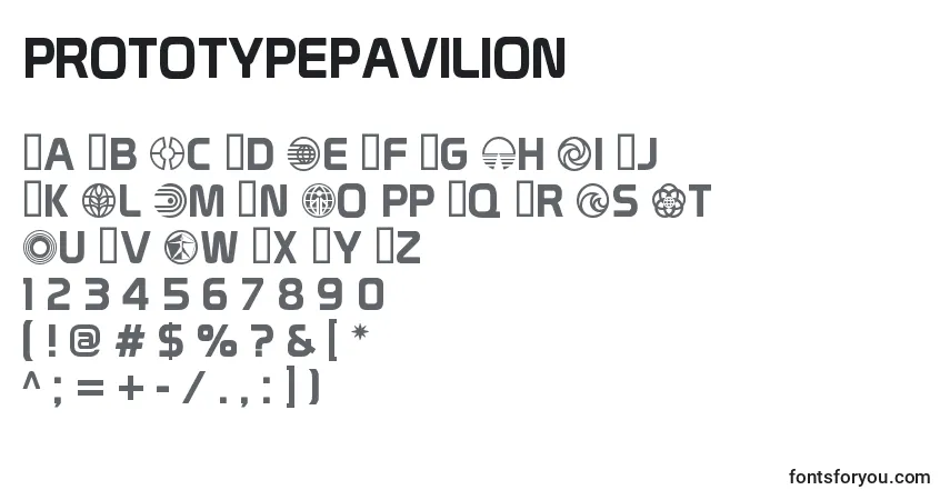 A fonte PrototypePavilion – alfabeto, números, caracteres especiais