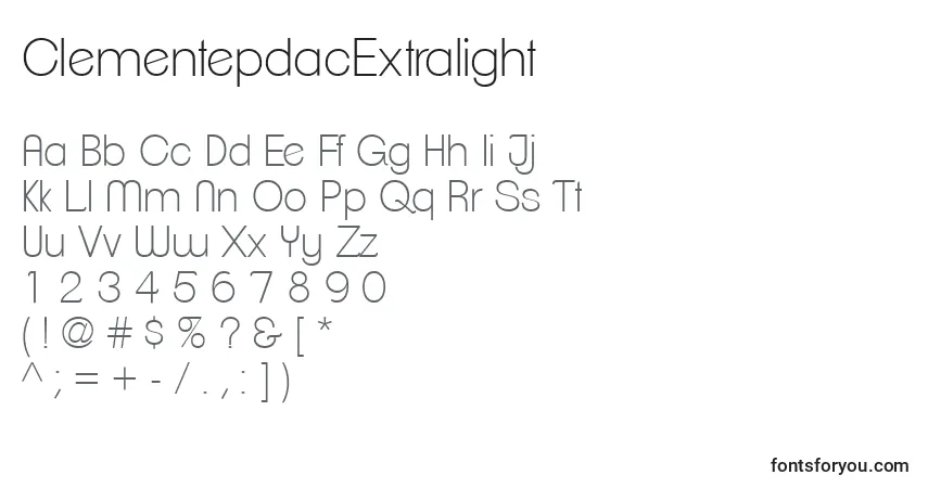 A fonte ClementepdacExtralight – alfabeto, números, caracteres especiais