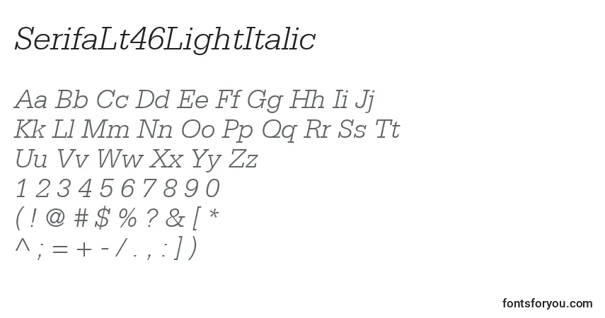 A fonte SerifaLt46LightItalic – alfabeto, números, caracteres especiais
