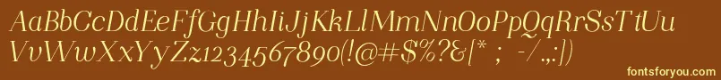 NightstillcomesItalicFinalSample-fontti – keltaiset fontit ruskealla taustalla