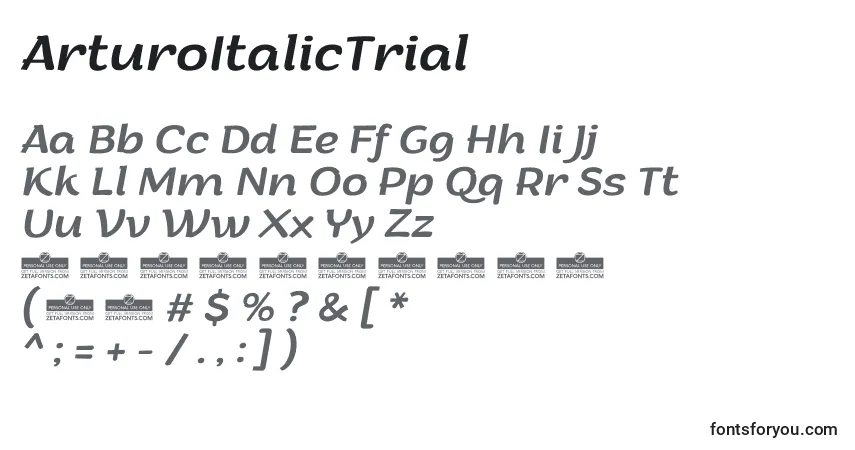 Czcionka ArturoItalicTrial – alfabet, cyfry, specjalne znaki