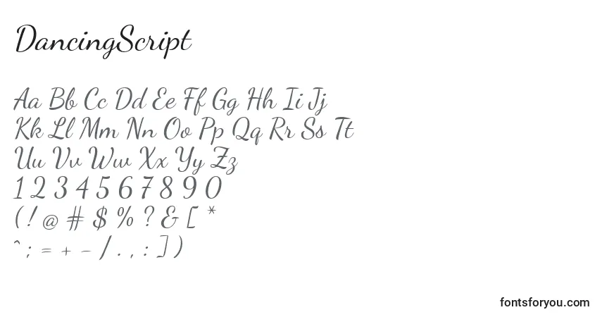 DancingScript-fontti – aakkoset, numerot, erikoismerkit