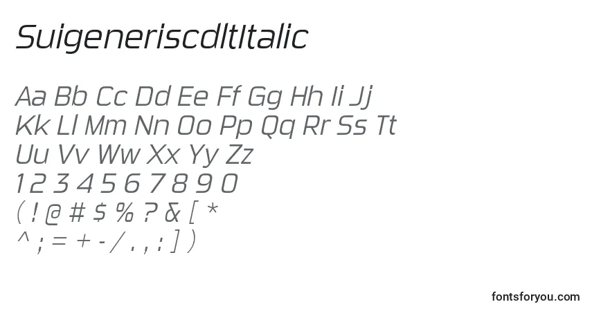 Czcionka SuigeneriscdltItalic – alfabet, cyfry, specjalne znaki