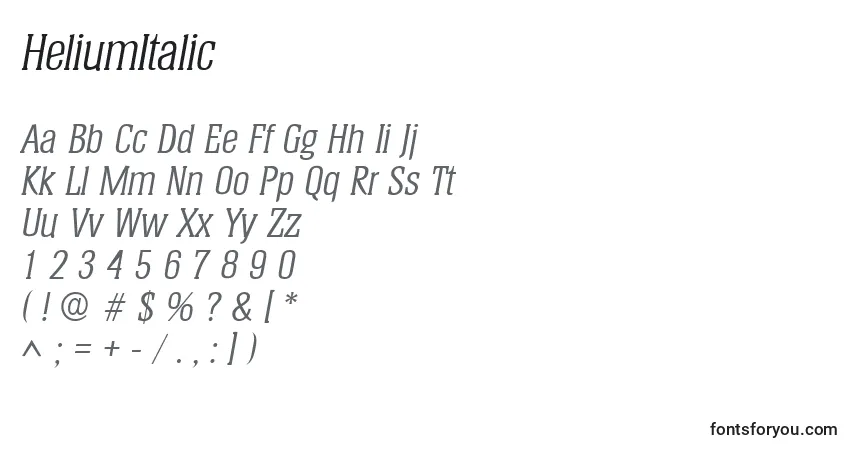 Czcionka HeliumItalic – alfabet, cyfry, specjalne znaki