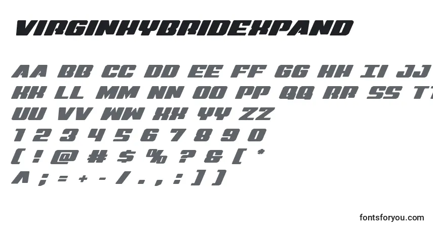 A fonte Virginhybridexpand – alfabeto, números, caracteres especiais