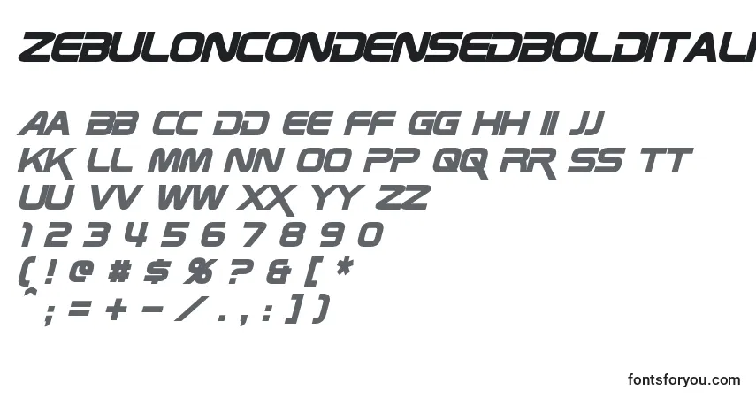A fonte ZebulonCondensedBoldItalic – alfabeto, números, caracteres especiais