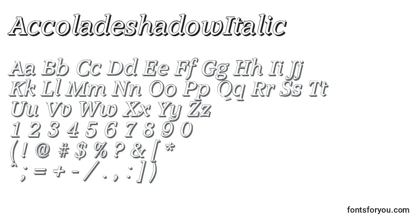 Шрифт AccoladeshadowItalic – алфавит, цифры, специальные символы