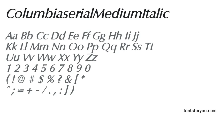Czcionka ColumbiaserialMediumItalic – alfabet, cyfry, specjalne znaki