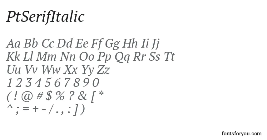 Шрифт PtSerifItalic – алфавит, цифры, специальные символы