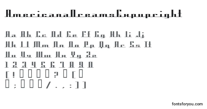 Schriftart AmericanaDreamsExpupright – Alphabet, Zahlen, spezielle Symbole