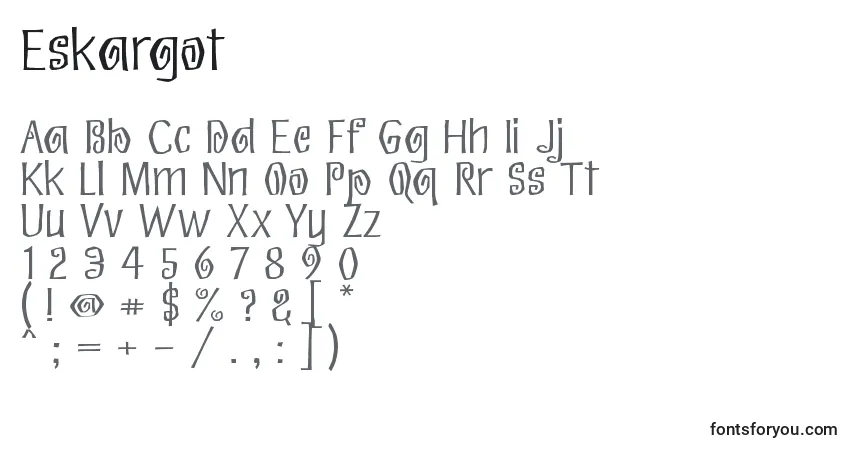 Czcionka Eskargot – alfabet, cyfry, specjalne znaki