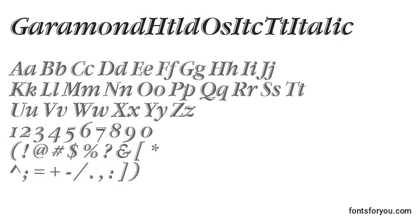 Czcionka GaramondHtldOsItcTtItalic – alfabet, cyfry, specjalne znaki