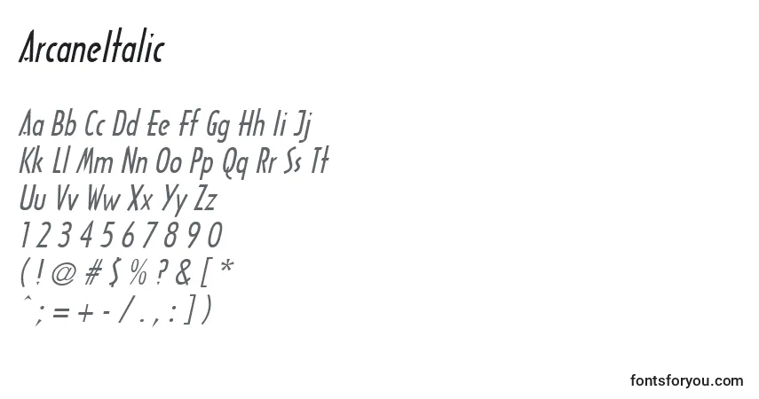 Schriftart ArcaneItalic – Alphabet, Zahlen, spezielle Symbole
