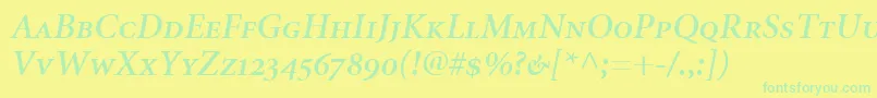 フォントMinionSemiboldItalicSmallCapsOldstyleFigures – 黄色い背景に緑の文字