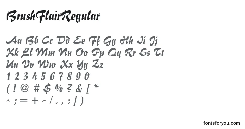 A fonte BrushFlairRegular – alfabeto, números, caracteres especiais