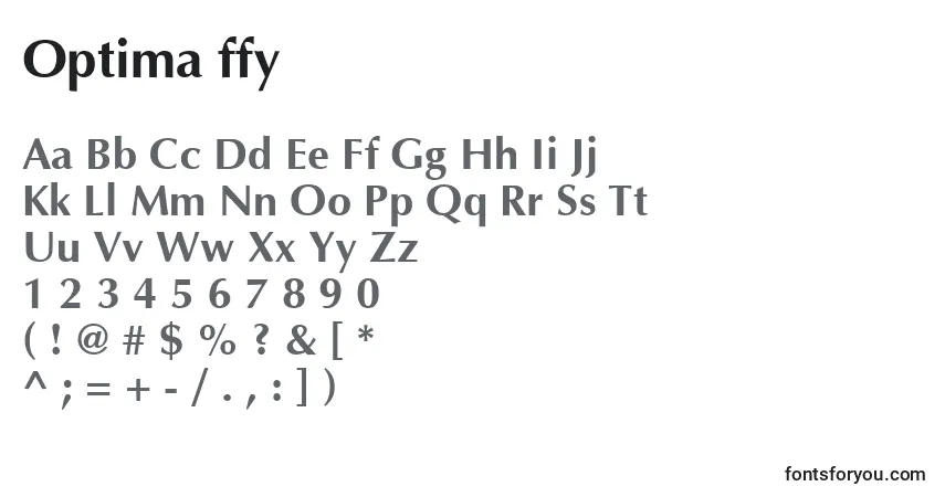 A fonte Optima ffy – alfabeto, números, caracteres especiais