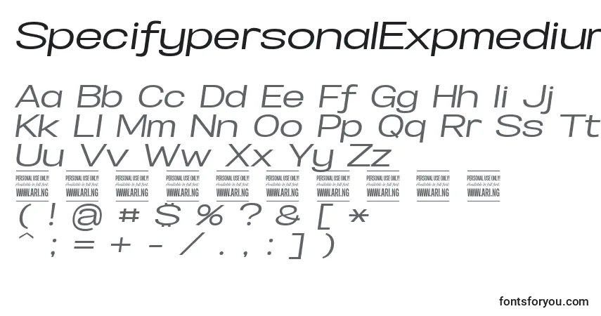 SpecifypersonalExpmediumitalic-fontti – aakkoset, numerot, erikoismerkit