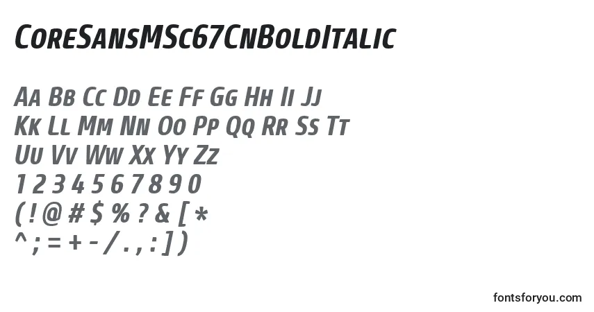 Шрифт CoreSansMSc67CnBoldItalic – алфавит, цифры, специальные символы