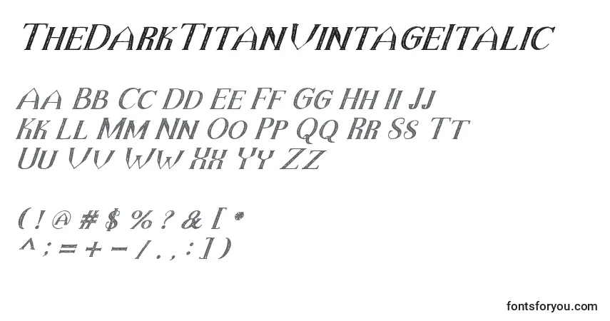 A fonte TheDarkTitanVintageItalic (103642) – alfabeto, números, caracteres especiais