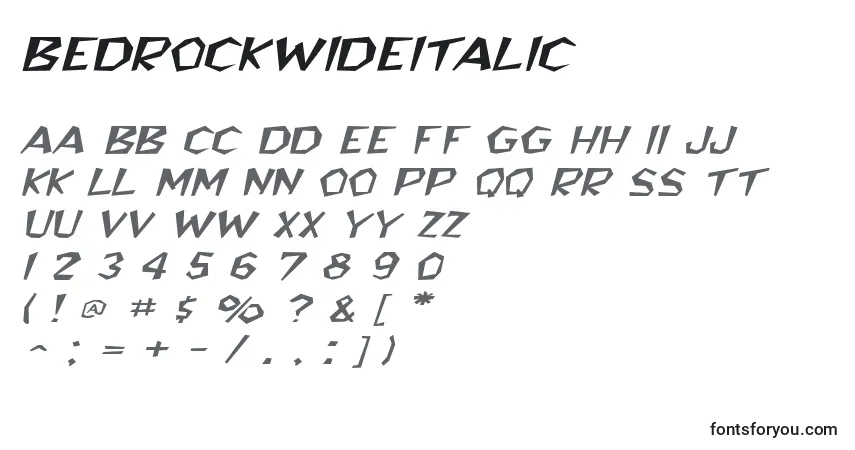 Schriftart BedrockwideItalic – Alphabet, Zahlen, spezielle Symbole