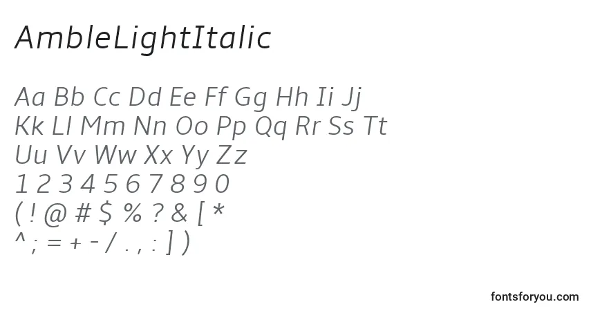 A fonte AmbleLightItalic – alfabeto, números, caracteres especiais