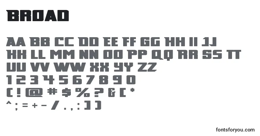 Czcionka Broad – alfabet, cyfry, specjalne znaki