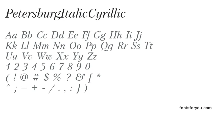 Schriftart PetersburgItalicCyrillic – Alphabet, Zahlen, spezielle Symbole