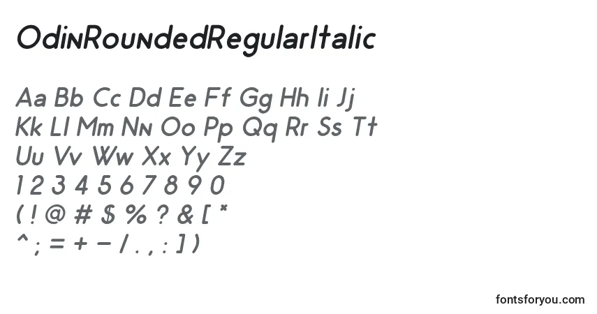 Schriftart OdinRoundedRegularItalic – Alphabet, Zahlen, spezielle Symbole