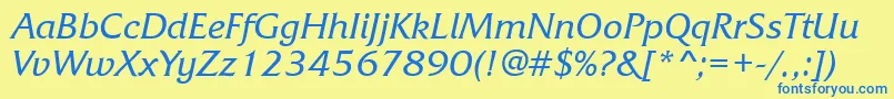 FrizquadratabttItalic-Schriftart – Blaue Schriften auf gelbem Hintergrund